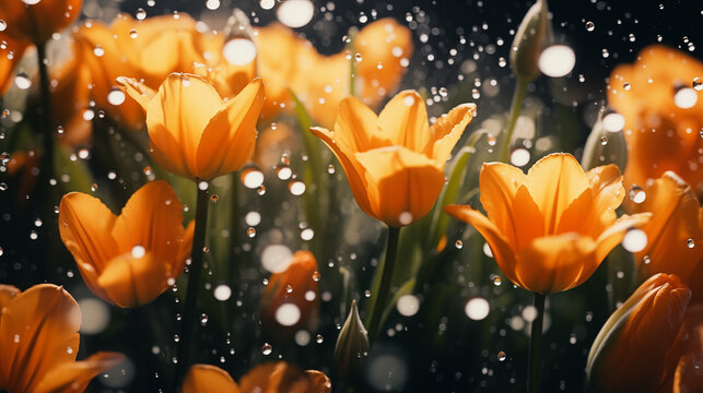 Beautiful Aesthetic Tulip And Narcissus Flowers Background With Water Drops Under Glass Surface. Water Drop On Tulip. Tulips With Rain Drops