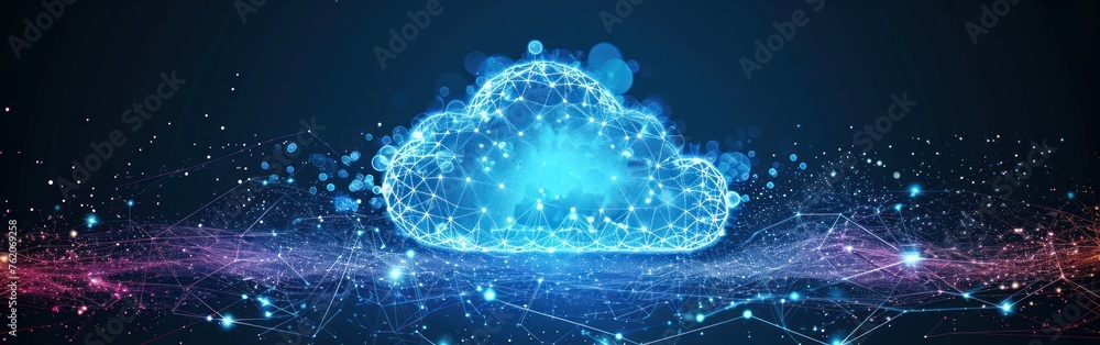 Poster cloud computing technology concept. polygonal cloud with glowing lines and dots on dark blue backgro