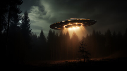 Flying saucer hovering over the forest at night. Alien UFO. Extraterrestrial life, Space travel, Spaceship