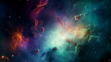 Fototapeta premium Galaxy exploration through outer space towards glowing milky way galaxy. glowing nebulae, clouds and stars field. Background