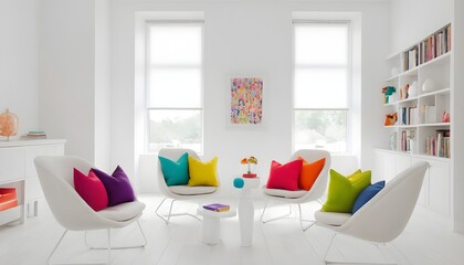 A white room with a pop of color. The chairs have colorful throw pillows, adding a playful element to the otherwise neutral space.