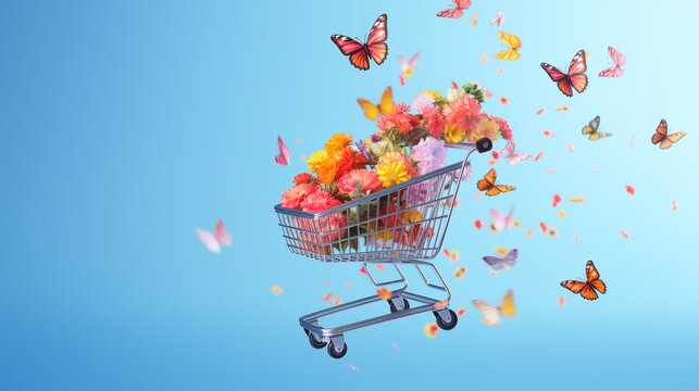 Shopping trolley with flying flowers. Flowers delivery. Sale, Shopping for the holidays, Mothers day, Women's day, Valentines day or birthday