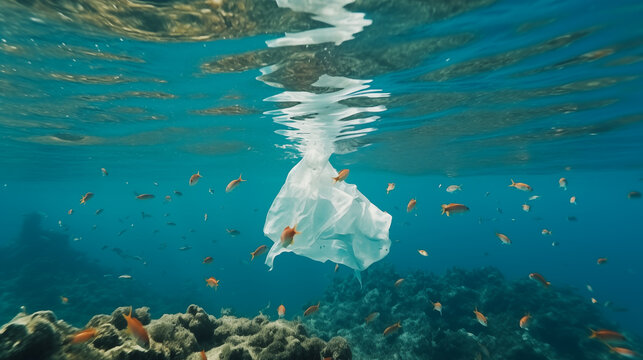 Environmental problems of plastic waste pollution in the ocean. Plastic pollution in the ocean. Plastic bag in the ocean	