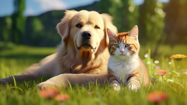 Cute Dog and Cat Lying Together on a Green Grass

