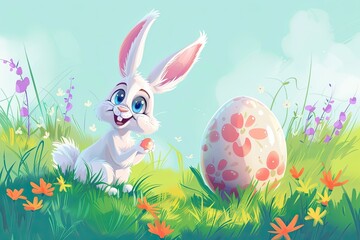 Cartoon illustration of cute easter bunny with big egg
