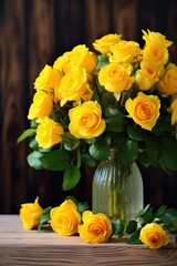 A vase full of yellow and orange roses resting on a table.