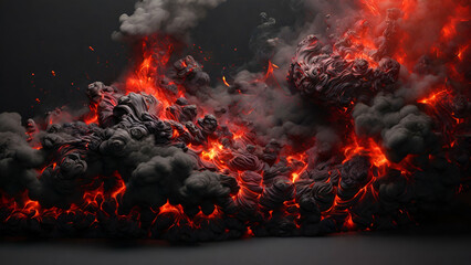 Multiple explosions with fire and smoke on a black background.Pile of cash on fire going up in smoke
generative by ai..