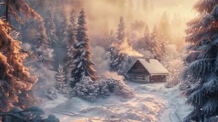 A magical winter wonderland, with towering evergreen trees blanketed in pristine snow, and a cozy log cabin nestled among them.
