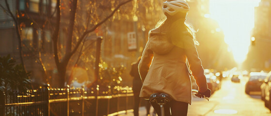 Young woman cycling to work urban backdrop - obrazy, fototapety, plakaty