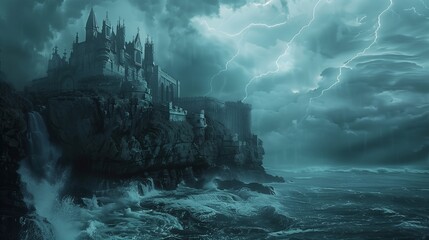 A majestic castle perched on the edge of a cliff overlooking a stormy sea, with waves crashing...