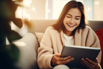 Joyful Young Woman Relaxing on Couch with Tablet in Cozy Home Setting, Warm Indoor Lighting
