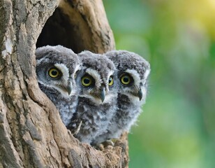 Peek-a-Boo Owlets: Three Tiny Heads Emerging from a Tree Hollow"