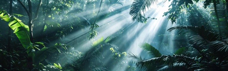tropical forest with sunbeams in the morning, panorama. Banner.