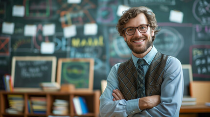 A man with glasses and a tie stands confidently in front of a chalkboard, symbolizing knowledge and wisdom on Happy Teachers Day - obrazy, fototapety, plakaty