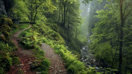 A mountain path winding through lush forests, leading to a hidden waterfall