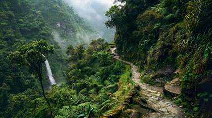 A mountain path winding through lush forests, leading to a hidden waterfall