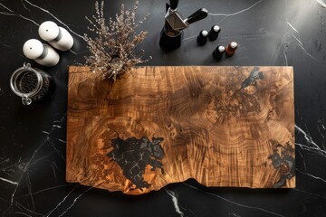 Chic Cooking Space: Maple Wood Board on Sleek Granite Surface
