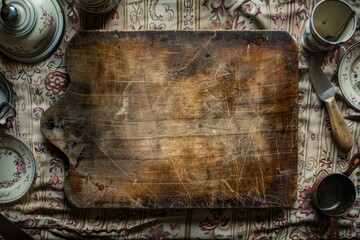 Weathered Wooden Cutting Board on Vintage Fabric Backdrop