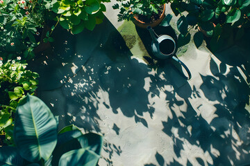 A top view of a garden with plants, flowers, and a watering can casting intricate shadows on the...