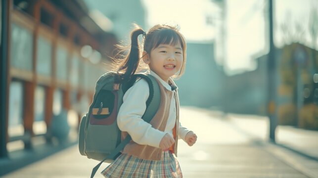Back to school. Cute Asian child girl with backpack running and going to school.