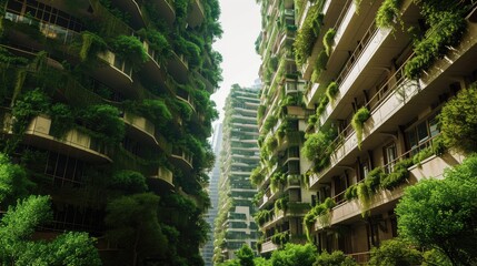 The picture about the apartment and building that has been covered with green plant or tree that covered almost every part of the buildings under the bright light from the sun in the daytime. AIGX03. - obrazy, fototapety, plakaty