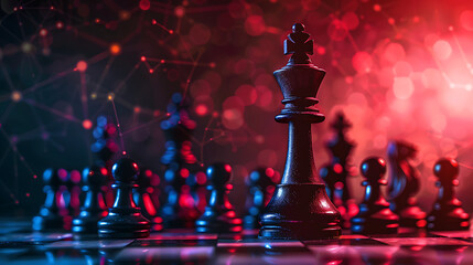 Chess King Standing Tall Among Pawns on Board. Strategic leadership concepts and individual power. Generative AI illustration