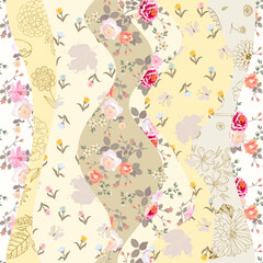 Wavy seamless patchwork pattern of floral patches in pastel colors. Summer print for fabric in vector.
