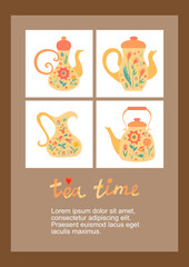 Invitation vintage card with collection decorative teapots and space for text. Vector design element.