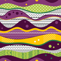 Abstract wavy seamless patchwork pattern in orange, green and purple colors. Bright print for fabric, wallpaper in vector.