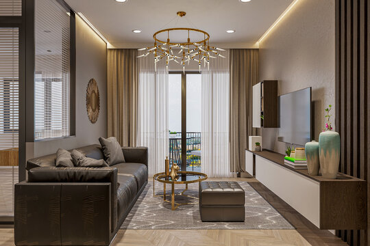 A living room with a brown leather couch, brown leather ottoman, and city view from large windows.