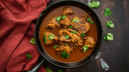 Top-down view of a delectable Indian lamb mutton curry, showcasing rich gravy and spices