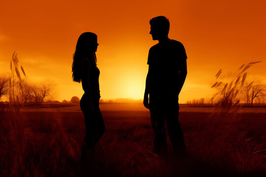 Silhouette of a Couple Standing Face to Face at Sunset in a Scenic Field, Romantic Evening Sky