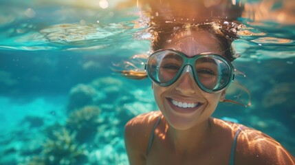 A woman is smiling while wearing goggles and swimming in the ocean. The water is clear and blue, and the woman is surrounded by coral
