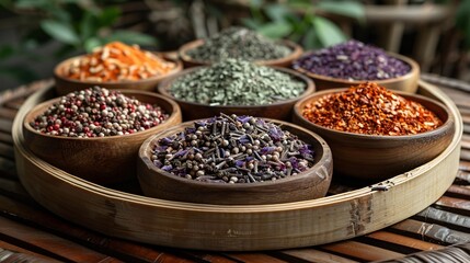 Dehydrated Thai seasonings arranged on a bamboo dish.