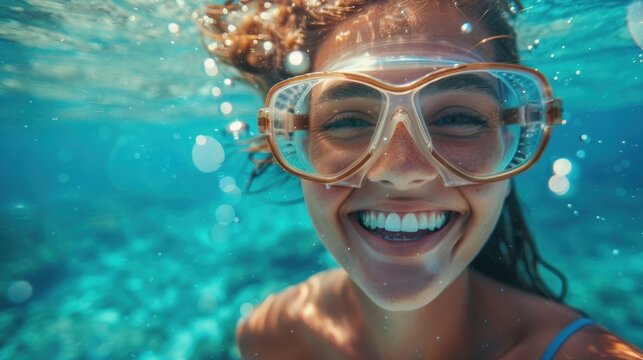 A woman is smiling while wearing goggles and swimming in the ocean. Concept of joy and excitement as the woman enjoys her time in the water