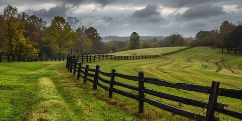 Fototapeta premium Equine Barrier Winds its Way Across the Countryside in Southern Kentucky.