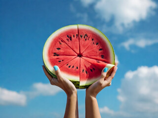 Watermelon slice with text Hello Summer, woman hands holding it against blue sky. Summertime concept