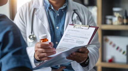 A male physician hands a prescription to a patient, promoting the concept of a universal and life-saving treatment in a legal pharmacy with a blank form available for use. - obrazy, fototapety, plakaty
