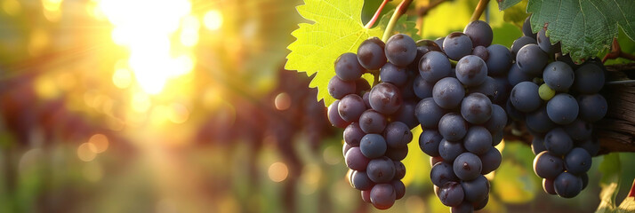 Ripe grapes in vineyard at sunset or sunrise, banner - obrazy, fototapety, plakaty