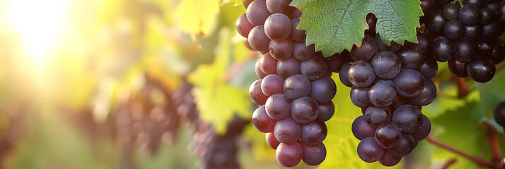 Ripe grapes in vineyard at sunset or sunrise, banner - obrazy, fototapety, plakaty
