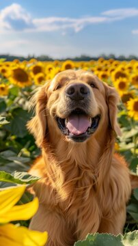 Cheerful Golden Retriever frolicking through a blooming sunflower field on a sunny summer day and a bright blue sky created with Generative AI Technology
