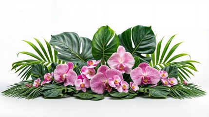 pink orchids and monstera leaves on white background.