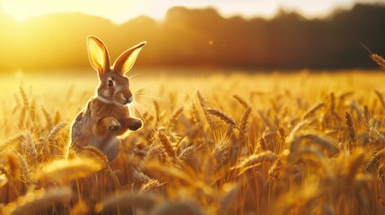 Amidst a field of golden wheat, a playful hare leaps joyfully, its long ears catching the breeze as it revels in the freedom of the open countryside. - obrazy, fototapety, plakaty