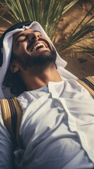 Laughing Arab Man in Desert. Fictional character created by Generated AI. 