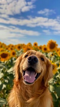Cheerful Golden Retriever frolicking through a blooming sunflower field on a sunny summer day and a bright blue sky created with Generative AI Technology