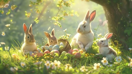 Enchanted Bunny Grove, rabbits, bunnies, Easter, eggs, spring, flowers, daisies, nest, grass, sunshine, trees, leaves, blossoms, morning, glowing, light, serene, peaceful, nature, wildlife, family