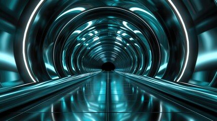 Fototapeta premium Futuristic Tunnel Vision, tunnel, futuristic, lights, reflection, symmetry, metallic, modern, architecture, design, circular, corridor, perspective, vanishing, point, infinity, sci-fi, blue, silver