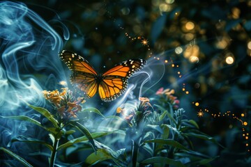 Butterfly with sparkling smoke trails in a starry night garden. - obrazy, fototapety, plakaty