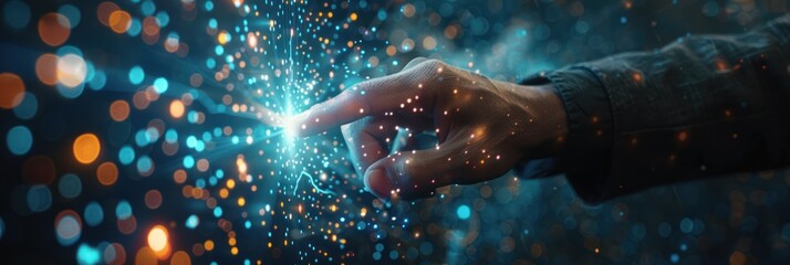 Close-up of a hand touching digital particles with bokeh lights, symbolizing technology and innovation. - Powered by Adobe