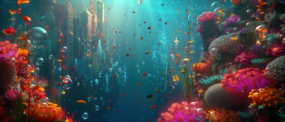 Fototapeta na wymiar Underwater Metropolis, underwater, vibrant, coral, fish, futuristic, cityscape, ocean, beauty, sci-fi, architecture, reefs, colorful, marine, sea, ecosystem, aquatic, neon, bubbles, fantasy, submerged